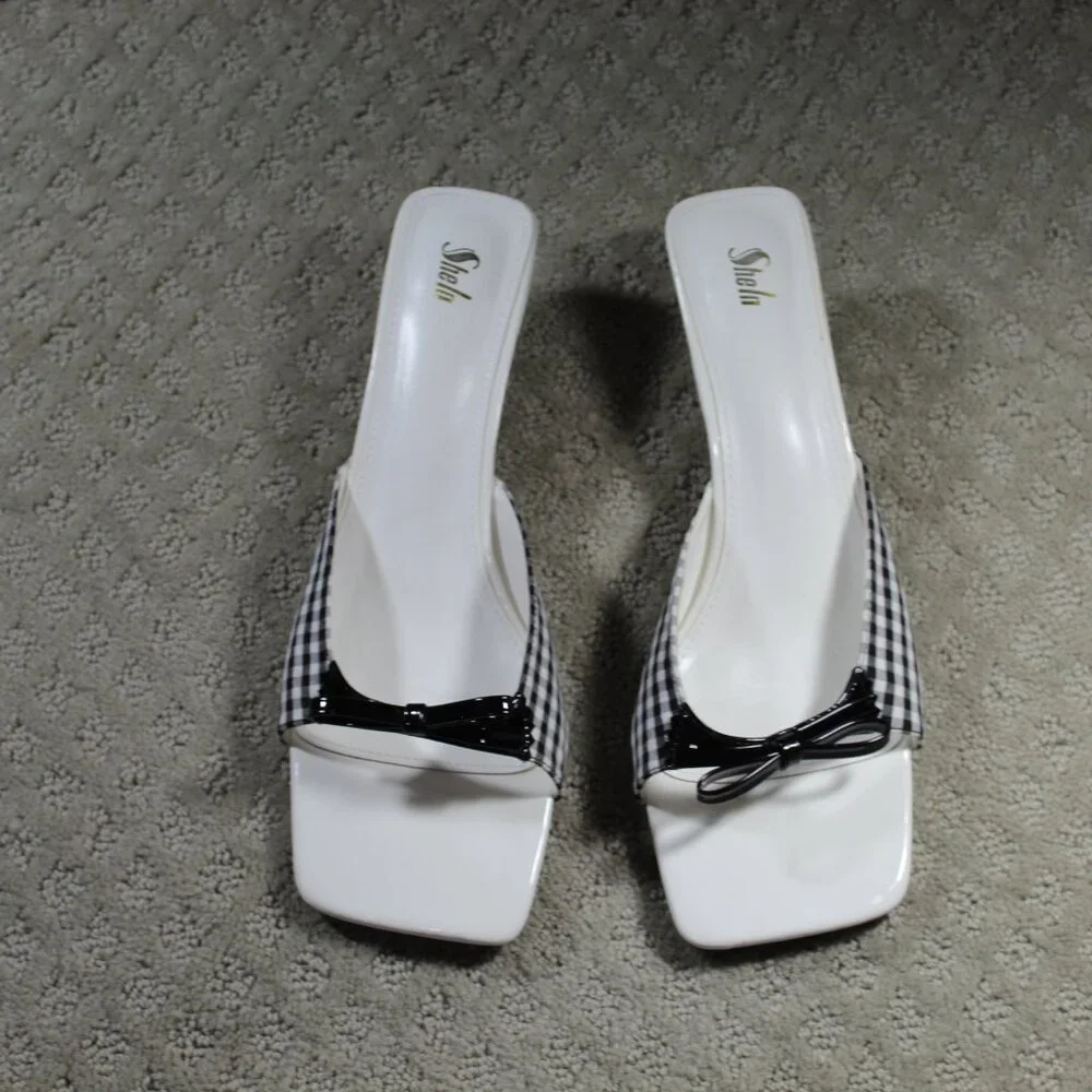Sheln Women's 11 Black White Check Open Toe Kitten Heels